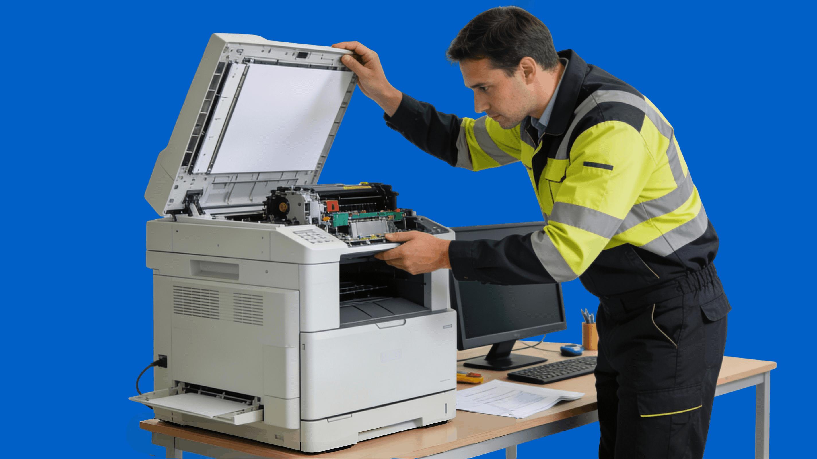 Инженер Самарапринтер обслуживает офисный лазерный принтер